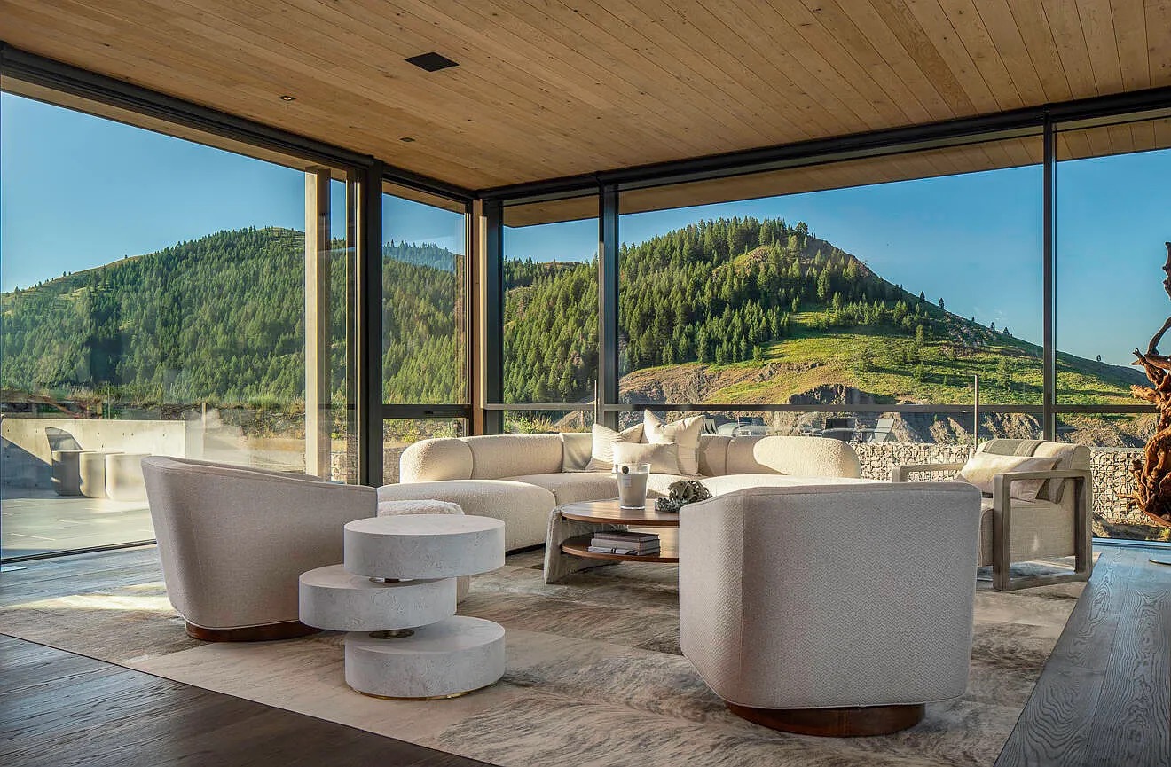 Sunlit mountain-view living room