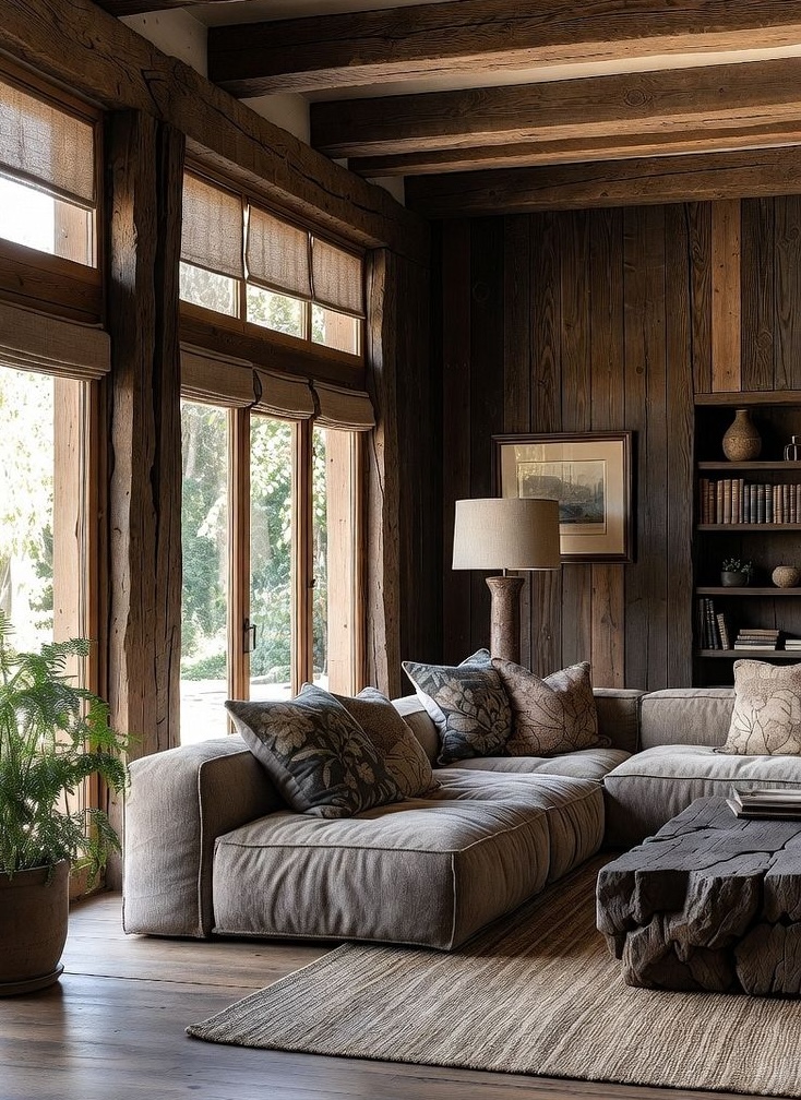 Rustic wood living room with linen sectional